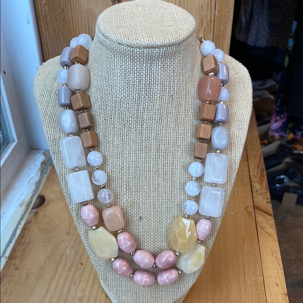 LOFT Double Stranded Pink Yellow Grey White Brown Chinky Statement Necklace